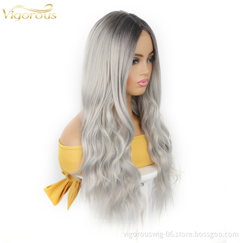 26 inch Synthetic fiber Lace Long Body Wavy Wig Middle Parting Ombre Grey for Women Daily Party Use Heat Resisitant Vendor Price
